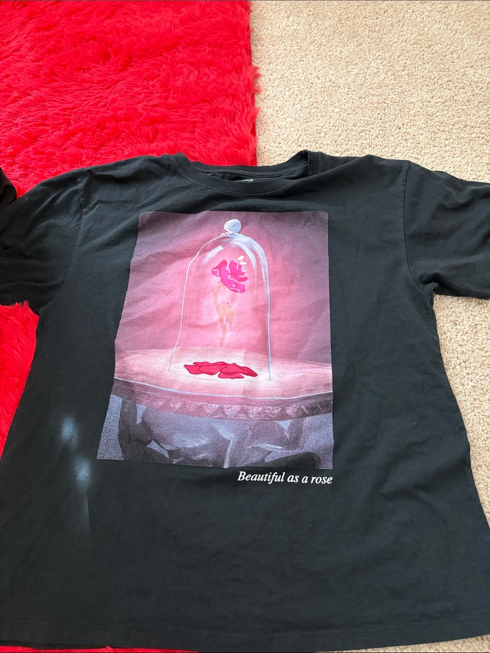 Black Graphic Tee with Pink Rose Artwork